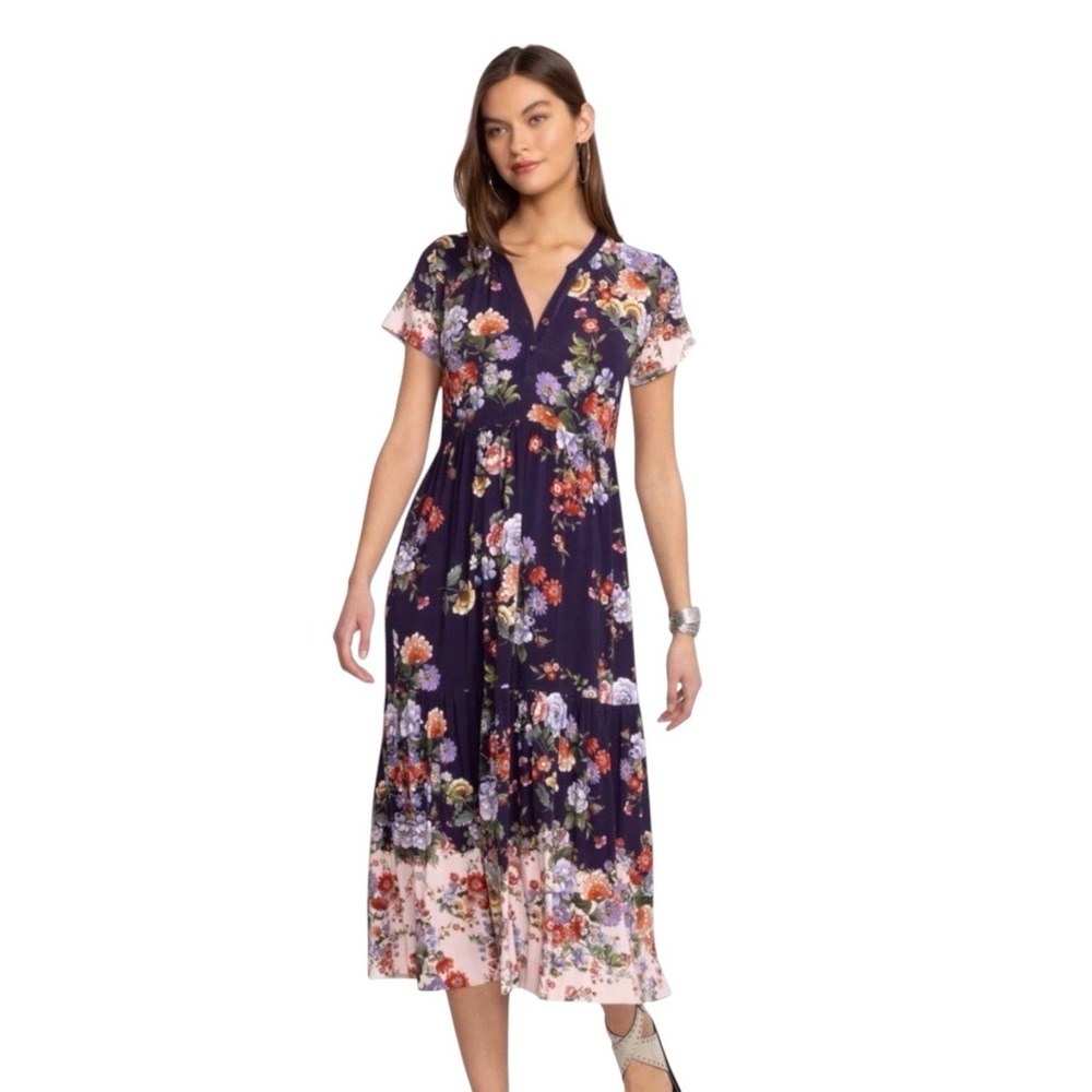 Johnny Was NWT Elsa Tiered Knit Midi Dress stretchy Medium Floral Cottage Beach